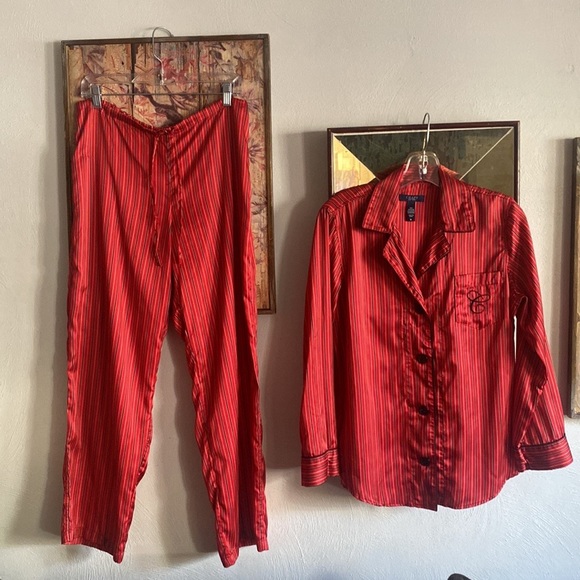 RALPH LAUREN CHAPS RED STRIPE SILKY LS BUTTON DOWN TOP DRAWSTRING PJ PANTS SET M - Picture 3 of 17